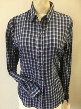 N/L, Navy Blue, Off White, Gray, Turquoise Blue, Orange, Cotton, Polyester, Plaid, Collar Attached, Button Front, Long Sleeves,