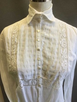 NL , White, Cotton, Solid, Floral, Cotton Batiste, Button Front, Collar Attached, Lace Trim at Bib Front, Long Sleeves, Turned Up Cuffs with Button Closure. Adjustable Tie at Center Back,