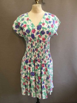 N/L, White, Pink, Purple, Green, Cotton, Floral, Cap Sleeve Surplice, Large Smocked Waistband, Ruffle Layer Skirt