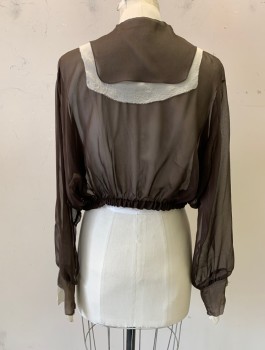 N/L MTO, Dk Brown, Cream, White, Silk, Beaded, Solid, Made To Order, Sheer Chiffon, Cream Accent Panel at Center, Long Sleeves, Sailor Collar, 3 White/Black Seed Beaded Buttons at Front, Elastic Waist, Beaded Detail at Front