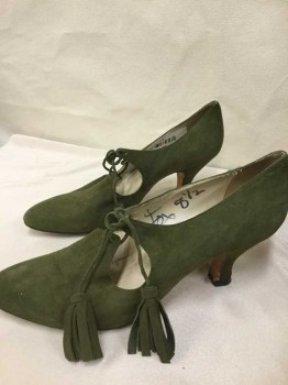 Womens, Shoes, Manolo Blanik, Olive Green, Suede, Solid, 8.5, Very Good Shape, Could Be 1930's Or 1940's As Well As 1990's. Tie Close with Tasselled Lacing, 2.5"  Heel