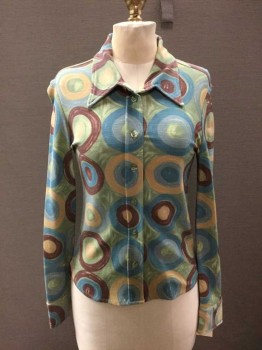 Womens, Blouse, N/L, Sage Green, Tan Brown, Brown, Teal Blue, Sea Foam Green, Rayon, Nylon, Novelty Pattern, B34, Long Sleeves, Button Front, Collar Attached, Brush Stroke Circle Pattern, Knit, Early 1990's