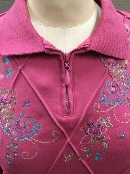 Womens, Sweatshirt, ALFRED DUNNER, Fuchsia Pink, Cotton, Polyester, Floral, Diamonds, S P, Jersey, Diamond Patchwork Pintuck Pattern At Front, Long Sleeves, Pullover, Multicolor Floral/Paisley Embroidery W/Seed Beads At Neck/Shoulders, 3.5" Zipper At Neck, Collar Attached, Ribbed Cuffs + Waist,