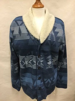 Womens, Sweater, AMERICAN RAG, Blue, Off White, Navy Blue, Cotton, Polyester, Novelty Pattern, Medium, Long Sleeves, Sherpa Lining, Button Front, Shawl Collar