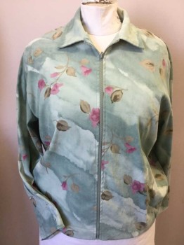 TEDDI, Green, Pink, Brown, Olive Green, Polyester, Mottled, Floral, Slate Green Mottled W/pink, Brown, Olive Floral Print, Collar Attached, Zip Front, 2 Pockets, Long Sleeves, Side Hem Elastic Band