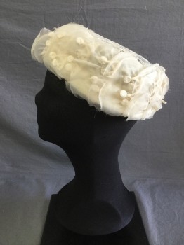 Womens, Hat, N/L, Cream, Polyester, Solid, 213/4", Pillbox Hat. Open Basket Weave with Large Organza Floral Like Trim,