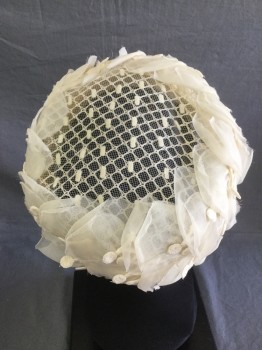 Womens, Hat, N/L, Cream, Polyester, Solid, 213/4", Pillbox Hat. Open Basket Weave with Large Organza Floral Like Trim,