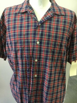 HATHAWAY, Navy Blue, Red, Khaki Brown, Gray, Cotton, Plaid, Button Front, Collar Attached, Short Sleeves, 2 Pockets,