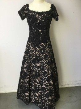 JOVANI, Black, Champagne, Polyester, Beaded, Floral, Off the Shoulder Short Sleeves, Black Floral Beaded Lace Over Champagne Satin, Décolletage, Zip Back, Floor Length Hem, Tulle Layers, Full Skirt