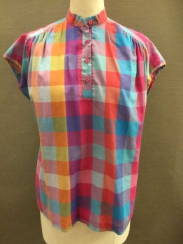 JAYLAN, Fuchsia Pink, Orange, Turquoise Blue, Purple, Red, Cotton, Plaid, Check , Cap Sleeves, Band Collar,  4 Button Placket At Center Front Neck,