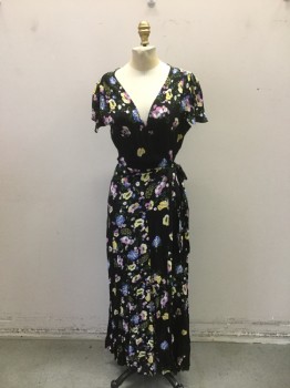FREE PEOPLE, Black, Pink, Yellow, Blue, White, Viscose, Floral, Wrap Style Day Dress, Cross Over V.neck, Short Sleeves, Tie at Side Waist. Long Length