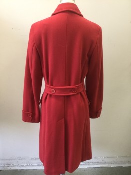 WEEKEND/MAX MARA, Red, Wool, Nylon, Solid, Textured Wool, Double Breasted, Collar Attached, 2 Flap Pockets at Hips, Red Lining, Self Belted Detail at Center Back
