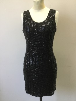 VENCCI, Black, Synthetic, Sequins, Tiny Sequins and Black Mesh Knit Nett Geometric Novelty Stripe Pattern. Scoop Neck, Sleeveless, Fitted, Zipper Center Back,