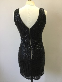 VENCCI, Black, Synthetic, Sequins, Tiny Sequins and Black Mesh Knit Nett Geometric Novelty Stripe Pattern. Scoop Neck, Sleeveless, Fitted, Zipper Center Back,