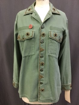 MADE WORN, Olive Green, Brass Metallic, Red, Cotton, Metallic/Metal, Solid, Floral, Single Breasted, Button Front Army Shirt, Collar Attached, 2 Patch Flap Pocket, Stud Decoration at Pockets and Edges, Lip Pin Over Right Pocket, Patch Shadows Over Pockets and Left Arm