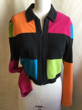 CACHE, Black, Fuchsia Pink, Orange, Turquoise Blue, Lime Green, Cotton, Polyester, Color Blocking, Collar Attached, Zip Front, Long Sleeves, Solid Black Back
