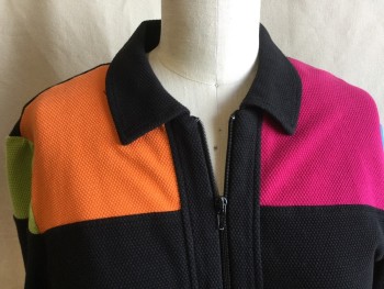 Womens, Jacket, CACHE, Black, Fuchsia Pink, Orange, Turquoise Blue, Lime Green, Cotton, Polyester, Color Blocking, S, Collar Attached, Zip Front, Long Sleeves, Solid Black Back