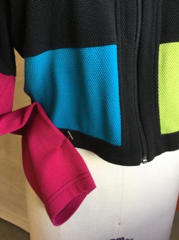 CACHE, Black, Fuchsia Pink, Orange, Turquoise Blue, Lime Green, Cotton, Polyester, Color Blocking, Collar Attached, Zip Front, Long Sleeves, Solid Black Back