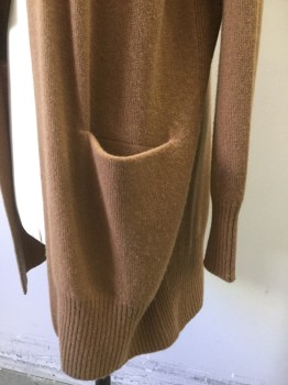 VINCE, Caramel Brown, Cashmere, Solid, Long Line Cardigan, Long Sleeves, Open Front, 2 Pockets,
