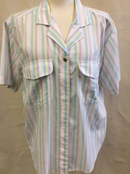 LINDSEY BLAKE, White, Lavender Purple, Pink, Yellow, Lt Blue, Polyester, Cotton, Stripes, Button Front, Collar Attached, Short Sleeves, 2 Pockets, Pastel Colored Stripes