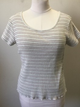 Womens, T-Shirt, ABERCROMBIE, Oatmeal Brown, Cream, Brown, White, Cotton, Stripes - Horizontal , B: 34, M, Rib Knit, S/S, Scoop Neck, Fitted,