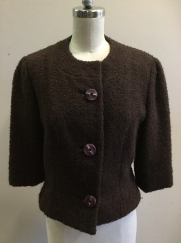 Womens, 1950s Vintage, Suit, Jacket, BEST & CO., Dk Brown, Wool, Solid, 4, Boucle, Button Front, Burgundy Buttons, 3/4 Sleeve