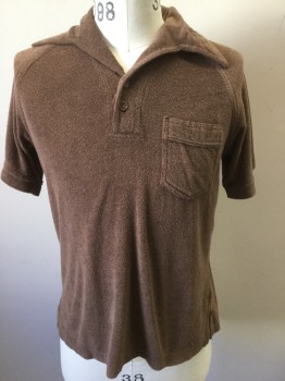 JC PENNEY, Brown, Cotton, Polyester, Solid, Terry Cloth, Peaked Collar, Short Sleeves, Patch Pocket,