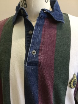 STRUCTURE, White, Navy Blue, Red Burgundy, Gray, Cotton, Stripes - Vertical , Gabardine, C.A., Denim Blue Collar, 1/4 B.F., 3 Buttons, Black & Yellow Small Breast Patch, Long Sleeves, Rib Knit Cuffs