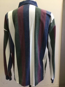 STRUCTURE, White, Navy Blue, Red Burgundy, Gray, Cotton, Stripes - Vertical , Gabardine, C.A., Denim Blue Collar, 1/4 B.F., 3 Buttons, Black & Yellow Small Breast Patch, Long Sleeves, Rib Knit Cuffs