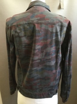 Mens, Casual Jacket, J BRAND, Olive Green, Gray, Black, Paprika Red, Rust Orange, Cotton, Lycra, Camouflage, M, Denim Style, Button Front, Flap Pockets, Collar Attached,