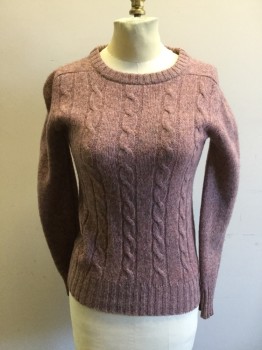 Womens, Sweater, SAN TROPEZ, Mauve Pink, Wool, Cable Knit, S, Long Sleeves, Ribbed Knit Crew Neck/Waistband/Cuff