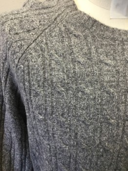 Mens, Pullover Sweater, BROOKS BROTHERS, Medium Gray, Wool, Nylon, Cable Knit, Large, Long Sleeves, Crew Neck, Raglan Sleeves,