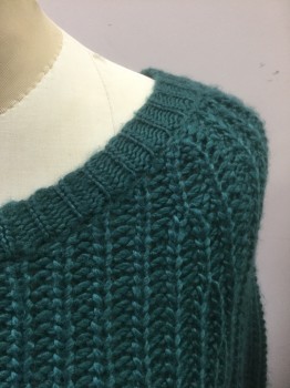 Womens, Pullover, KIMCHI BLUE, Forest Green, Acrylic, Wool, Solid, S, Loose Ribbed Knit, Long Sleeves, Boxy Cropped Fit, Wide Scoop Neck