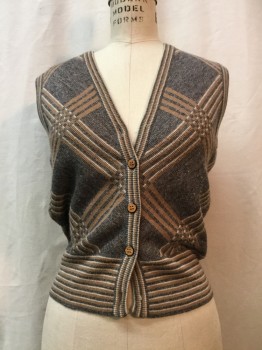 Womens, Vest, HUDSONS BAY CO, Heather Gray, Brown, White, Acrylic, Wool, Diamonds, S, V-N, Button Front,