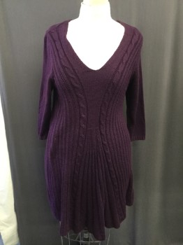 Womens, Dress, Long & 3/4 Sleeve, NY COLLECTION, Purple, Acrylic, Solid, XL, Knit Dress, V-neck, 3/4 Sleeves, Flared, Cable Knit and Ribbing