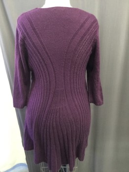 Womens, Dress, Long & 3/4 Sleeve, NY COLLECTION, Purple, Acrylic, Solid, XL, Knit Dress, V-neck, 3/4 Sleeves, Flared, Cable Knit and Ribbing