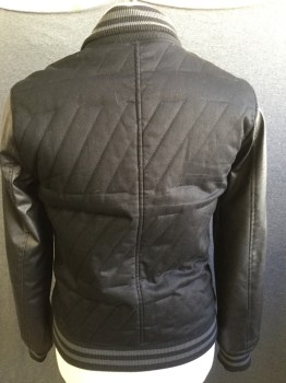 Mens, Casual Jacket, INC, Black, Gray, Cotton, Polyester, Solid, Stripes, S, Rib Knit Collar,/ Waist/ Cuffs Black with Grey Stripes, Quilted Jacket, Slit Pockets, Pleather Sleeves, Zip Front, Purple Lining