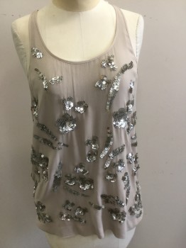 Womens, Top, CLUB MONACO, Beige, Silver, Silk, Solid, SP, Tank Style, Silver Sequined Cluster Applique, Lining