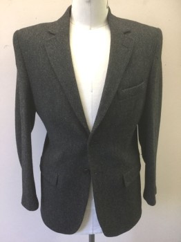 Mens, Sportcoat/Blazer, ACADEMY AWARD CLOTHI, Charcoal Gray, Black, Wool, Herringbone, 40R, Single Breasted, Notched Lapel, 2 Buttons, Solid Black Lining