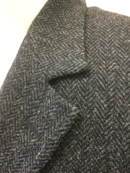 Mens, Sportcoat/Blazer, ACADEMY AWARD CLOTHI, Charcoal Gray, Black, Wool, Herringbone, 40R, Single Breasted, Notched Lapel, 2 Buttons, Solid Black Lining