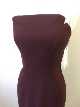 Womens, Evening Gown, JILL STUART, Wine Red, Polyester, Solid, 34B, 6, Strapless, Full Length, Fitted, Back Zipper, Gored, Flared
