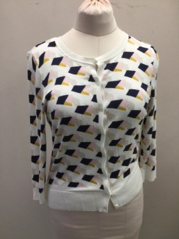 HALOGEN, White, Navy Blue, Pink, Mustard Yellow, Cotton, Novelty Pattern, Jewel Neck, Button Front, Long Sleeves,