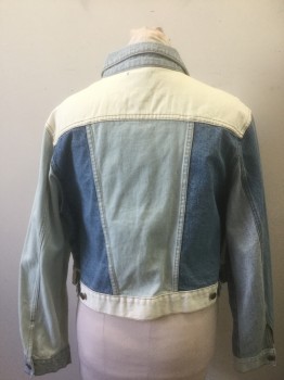 BDG, Denim Blue, Lt Blue, White, Cotton, Color Blocking, Colorblocked Panels of Denim in Various Shades (Medium Blue, Light Blue, White), 6 Button Front, Collar Attached, 2 Large Patch Pockets, Boxy Fit