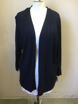 KAREN SCOTT, Navy Blue, Rayon, Polyester, Solid, Novelty Knit Front, Open Front, Long Sleeves, Long