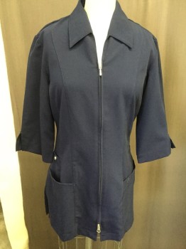 Womens, Nurse, Top/Smock, EXCEL, Midnight Blue, Polyester, Spandex, Solid, XS, Collar Attached, Zip Front, Short Sleeves, Patch Pockets