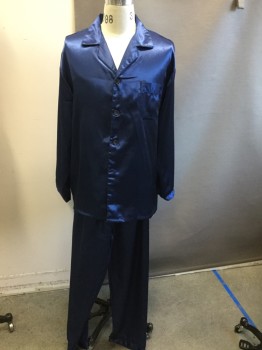 Mens, Sleepwear PJ Top, SILK PEACE, Royal Blue, Silk, Solid, M, Collar Attached, Notched Lapel, Button Front, Long Sleeves, Patch Pocket