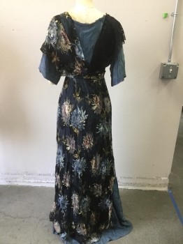 MTO, Slate Blue, Navy Blue, Black, Pink, Yellow, Silk, Floral, Stripes - Pin, Blue Silk with Navy Pinstripes, Semi Square Neck with Cream Delicate Lace V-neck, Short Sleeves, Black Lace Overlay on Right Shoulder, Black Multi Floral Chiffon Overlay, Draped at Bust, Pleated Waist Band, Overlay is High/low,