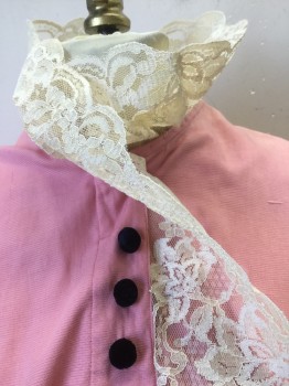 MTO, Pink, Cream, Cotton, Wool, Solid, 3RD CLASS DRESS: Micro Vertical Self Ribbed, Cream Stiff Floral Lace Ruffle Collar and Placket, Button Front Bodice, Decorative Black Velvet Buttons,  Long Sleeves with Cotton Crochet Lace, Straight Skirt with Pin Tucks,