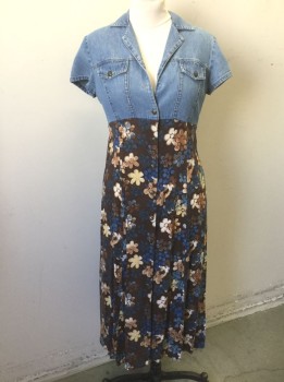 CALIFORNIA CONCEPTS, Denim Blue, Brown, Cotton, Rayon, Bodice/Top Half is Denim, Bottom/Skirt is Brown Floral Print, Cap Sleeve, Shirtwaist, 2 Button Flap Pockets at Chest, Notched Collar, Midi Length