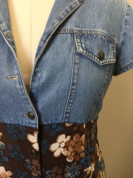 CALIFORNIA CONCEPTS, Denim Blue, Brown, Cotton, Rayon, Bodice/Top Half is Denim, Bottom/Skirt is Brown Floral Print, Cap Sleeve, Shirtwaist, 2 Button Flap Pockets at Chest, Notched Collar, Midi Length